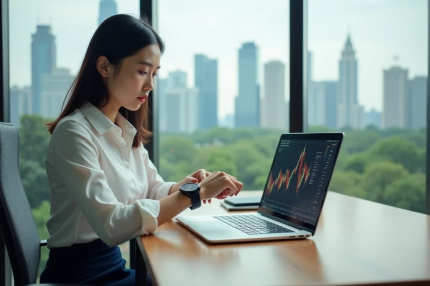 Jeune femme asiatique au bureau vérifiant sa montre