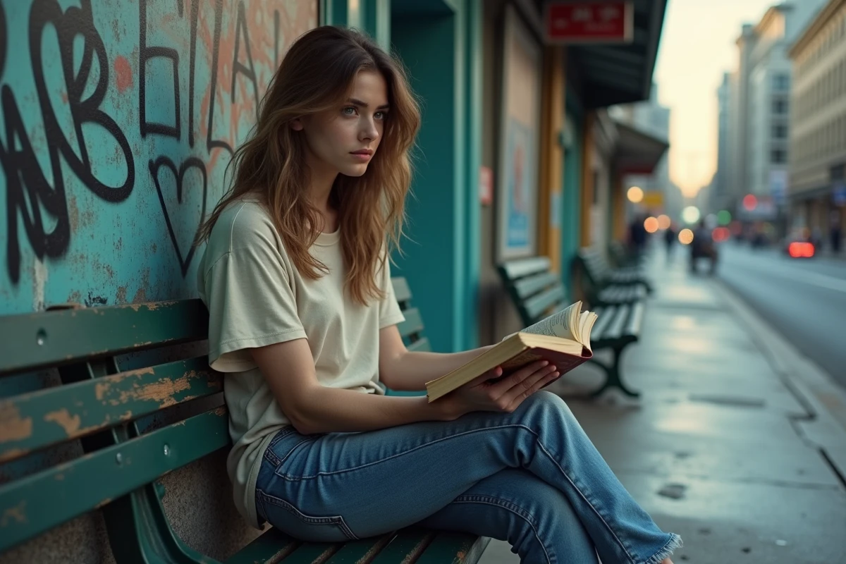 Jeune femme lisant dans un bus urbain au petit matin