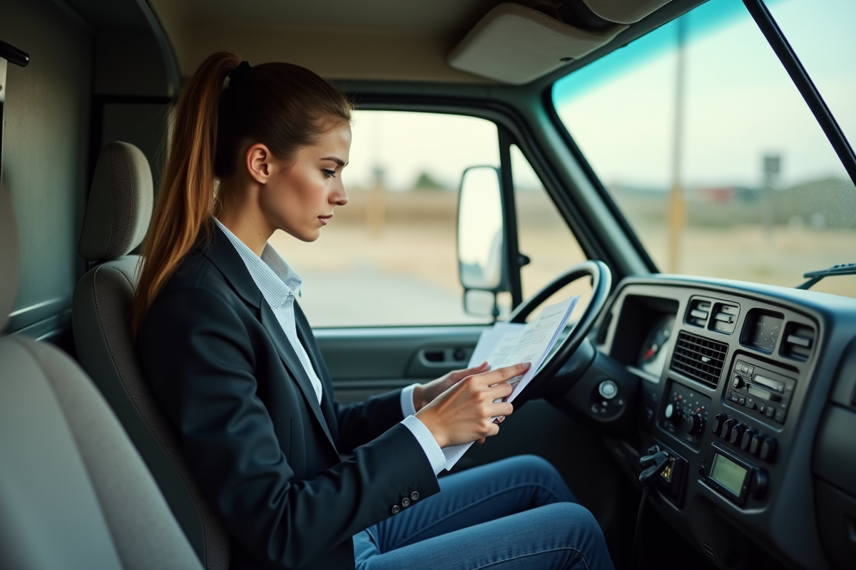 Jeune femme inspectant le tableau de bord d