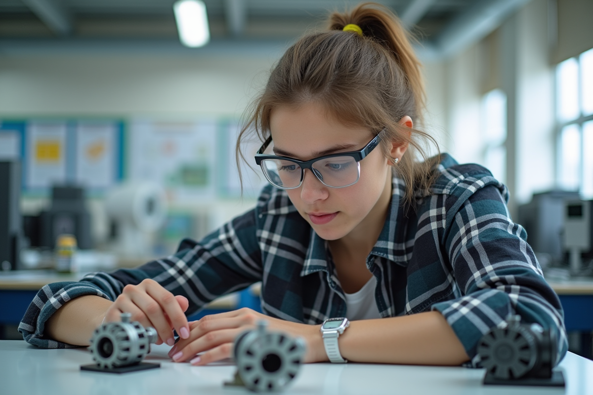 Étudiante en ingénierie examinant des modèles de moteurs en classe