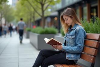 Jeune femme lisant dans un parc urbain moderne