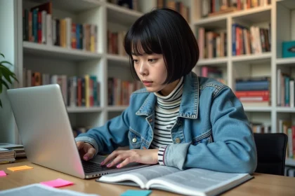 Jeune femme lisant manga dans un bureau à domicile