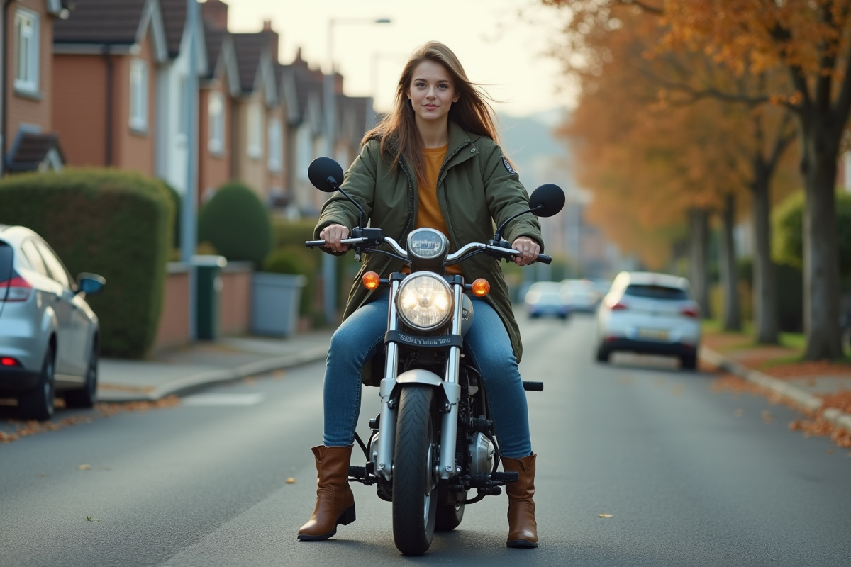 Jeune femme assise sur une moto 50 cc dans un quartier résidentiel