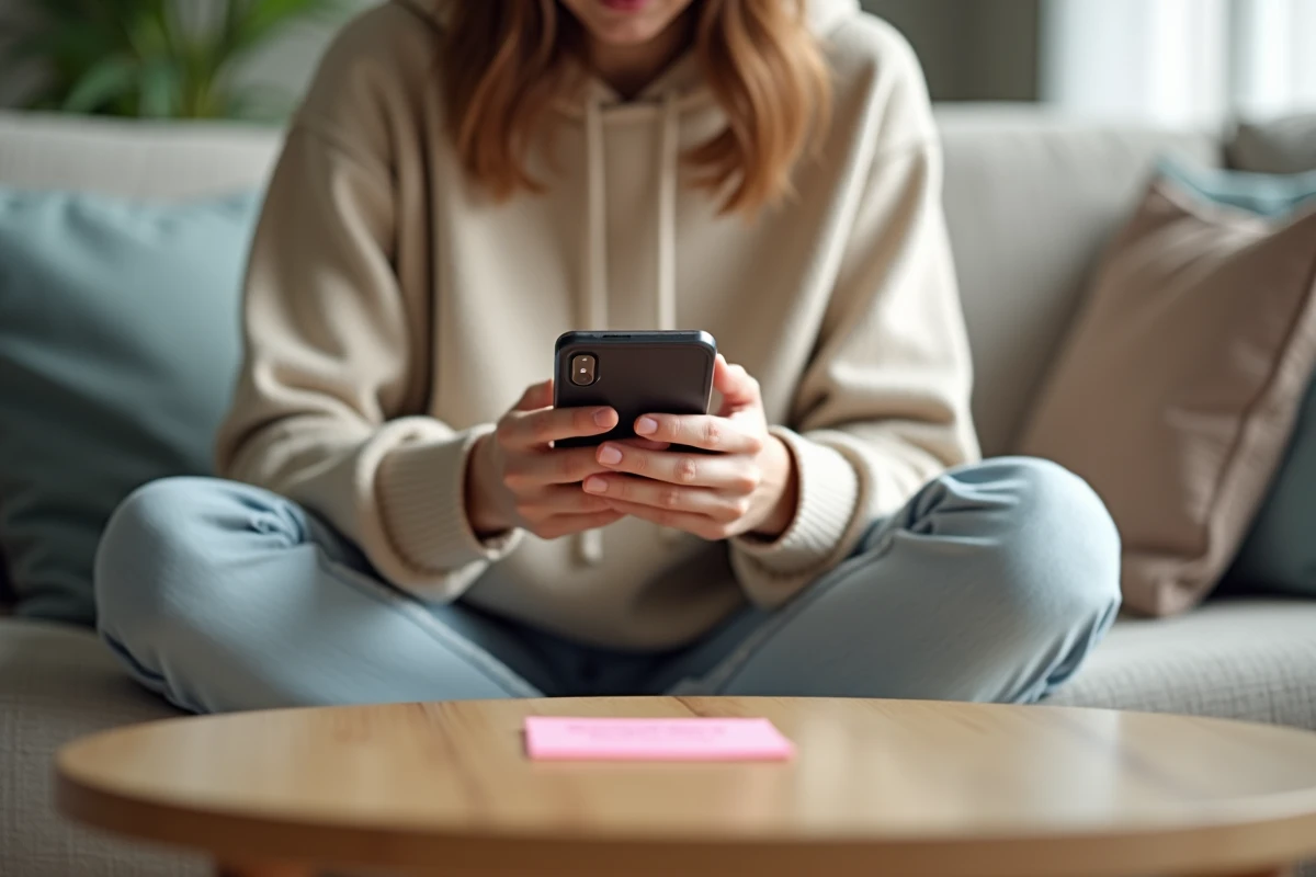 Jeune femme consultant une note écrite pour saisir correctement une adresse web sur son smartphone à domicile