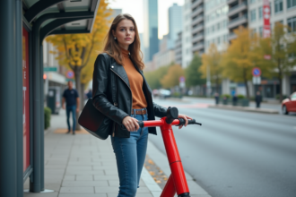 Jeune femme déverrouillant un scooter électrique en ville