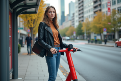 Jeune femme déverrouillant un scooter électrique en ville
