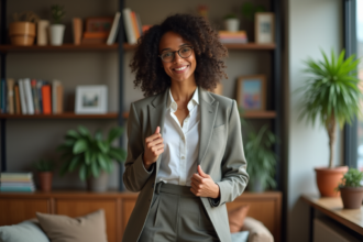 Jeune femme confiante en intérieur cosy avec livres et plantes