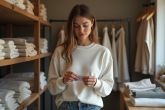 Jeune femme inspectant une étiquette de vêtement dans une boutique naturelle