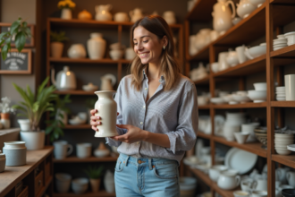 Jeune femme examine un vase vintage dans une boutique de seconde main