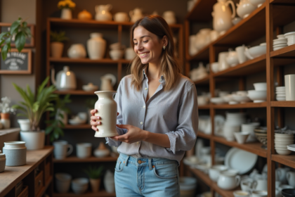 Jeune femme examine un vase vintage dans une boutique de seconde main
