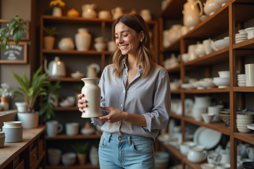 Jeune femme examine un vase vintage dans une boutique de seconde main