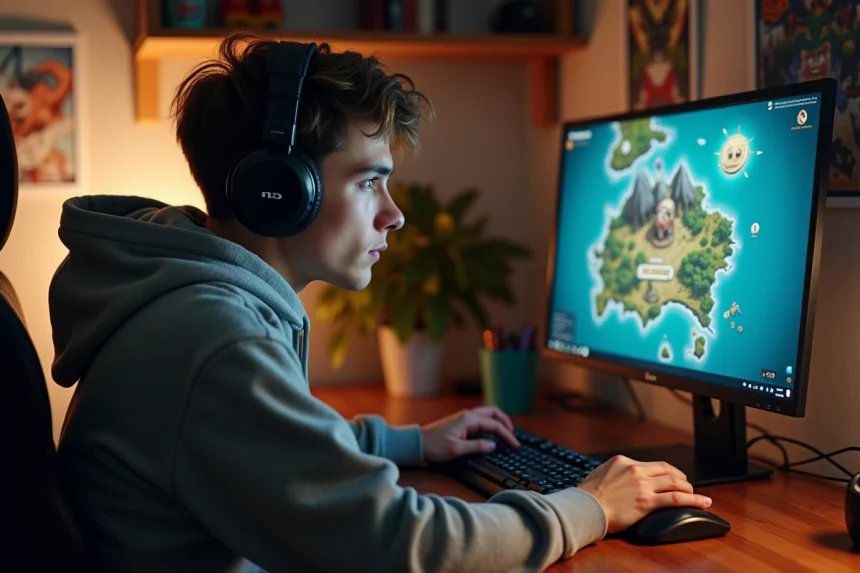 Jeune homme jouant à Dofus sur son ordinateur dans sa chambre