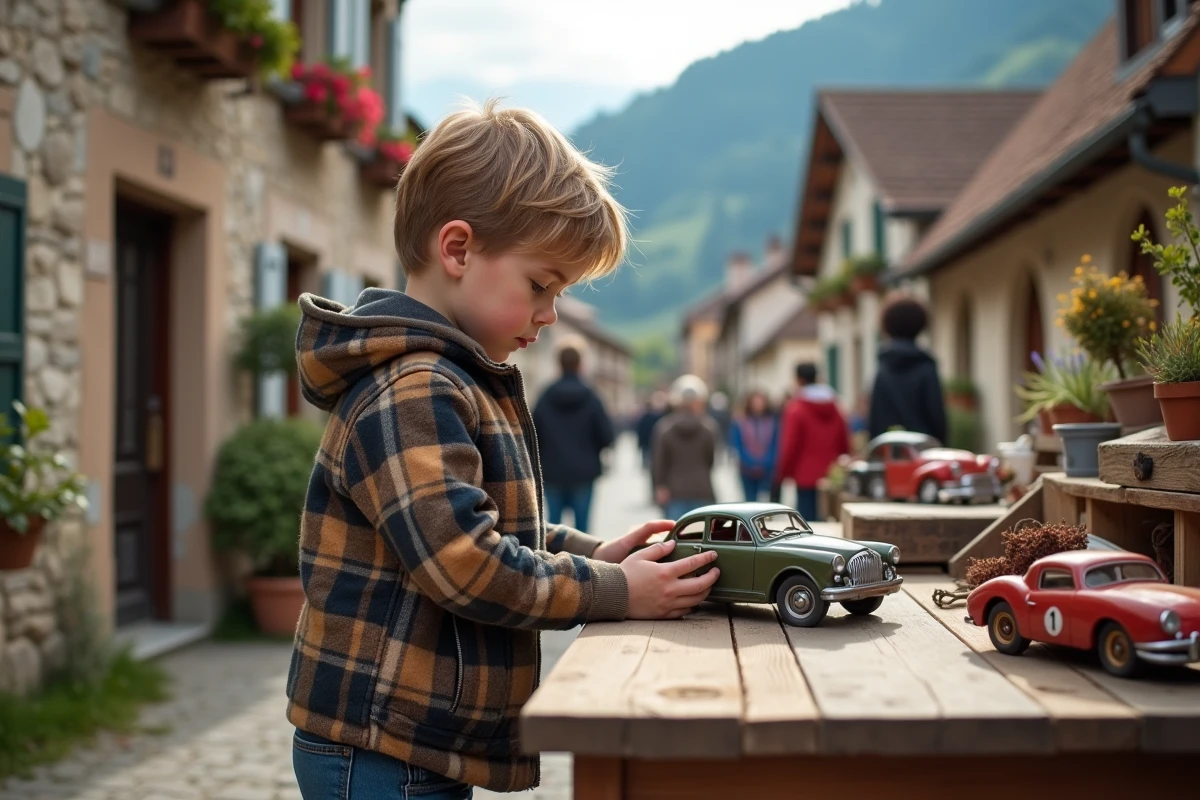 Garçon examinant une voiture ancienne à la brocante