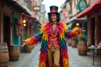 Jeune homme flamboyant en costume coloré dans une rue portuaire