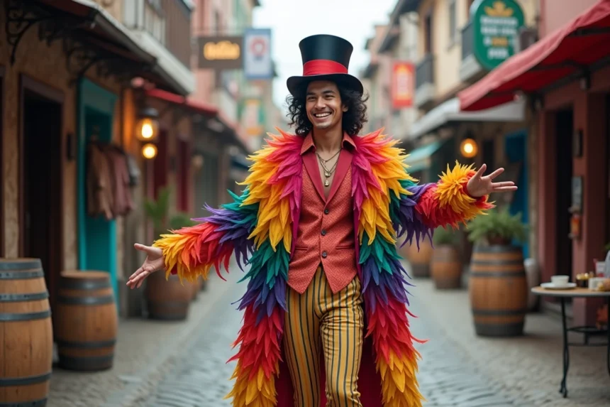 Jeune homme flamboyant en costume coloré dans une rue portuaire