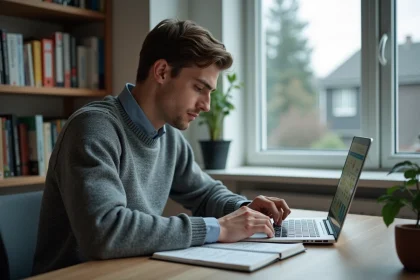 Jeune homme concentré étudiant Cemantix à son bureau