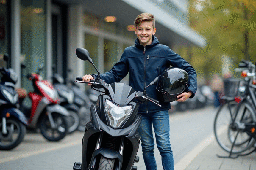 Jeune homme souriant examine une moto 50 cc devant un concessionnaire