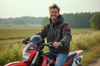 Jeune homme en motocross sur un terrain rural en pleine nature