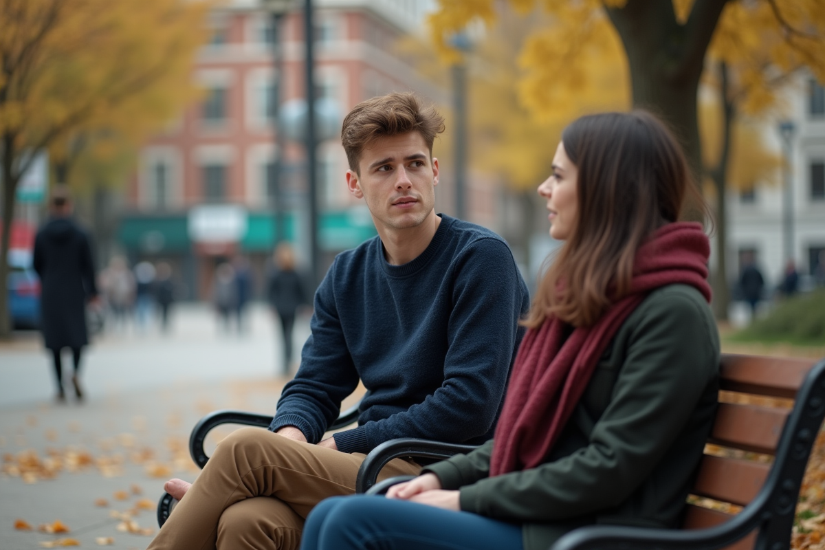 Jeune homme pensif assis sur un banc dans un parc urbain
