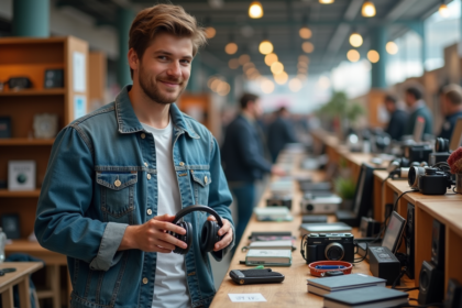 Jeune homme en denim explore gadgets d'occasion