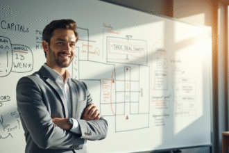 Jeune professionnel devant un tableau blanc avec un diagramme T