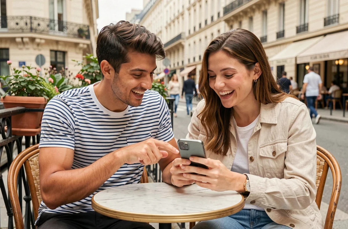 Deux jeunes adultes partagent et réagissent à une campagne virale sur les réseaux sociaux en terrasse de café à Paris, faisant référence à Astérix et au sanglier danger