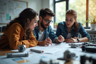 Groupe de jeunes adultes collaborant sur des plans techniques