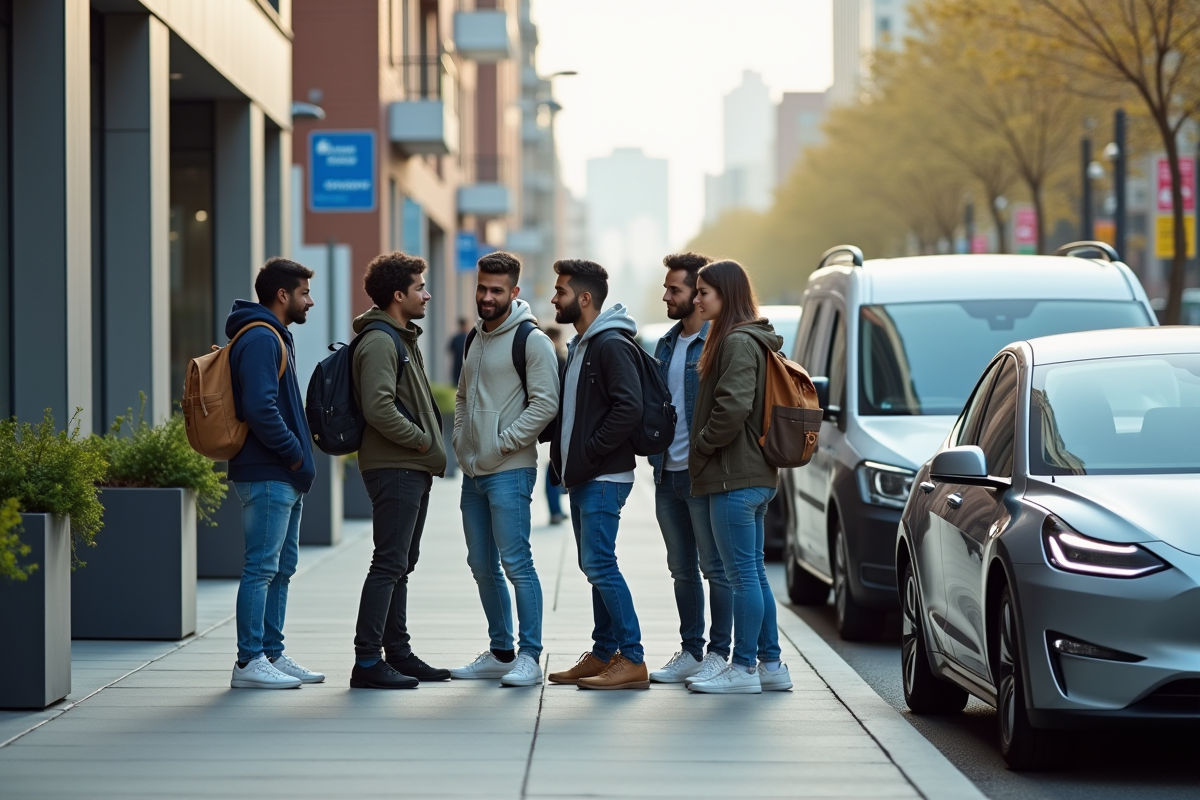 Jeunes adultes discutent devant voitures électriques et diesel en ville
