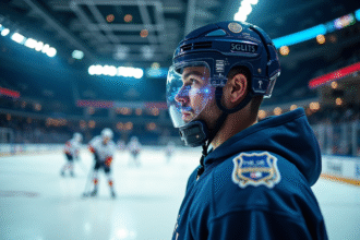 Joueur de hockey avec casque hightech et données holographiques