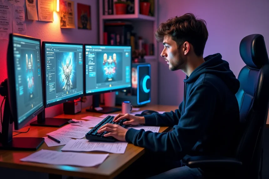 Joueur concentré préparant plusieurs builds Path of Exile 2 sur son bureau gaming encombré de notes de reroll