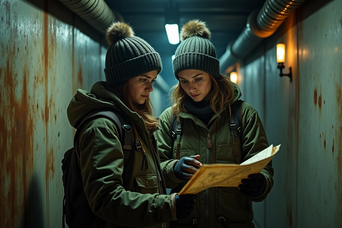 Deux joueurs ARC Raiders étudiant une carte stratégique dans un couloir de bunker souterrain