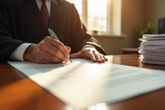 Main d'un juge signant un document juridique lumineux