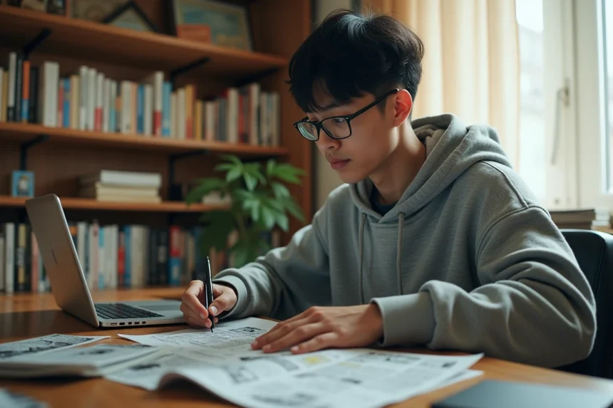 Jeune homme lisant des scans de manga One Punch Man en version originale et redraw côte à côte sur un bureau