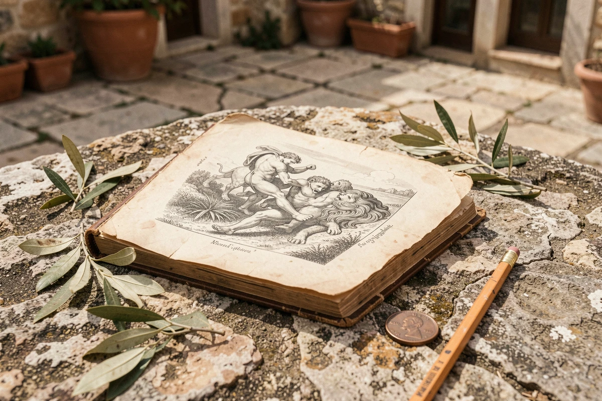 Livre ouvert sur les travaux d'Hercule posé sur une pierre avec des feuilles d'olivier, illustration gravée du héros grec de la mythologie antique