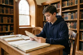 Lycéen qui étudie Les 12 Travaux d'Hercule dans une bibliothèque scolaire, entouré de livres ouverts et de notes manuscrites
