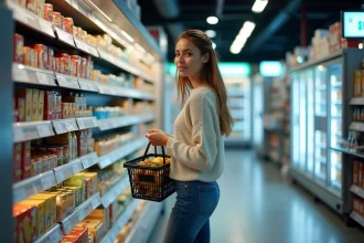 Femme faisant ses courses de dernière minute dans un magasin ouvert le soir à Montpellier