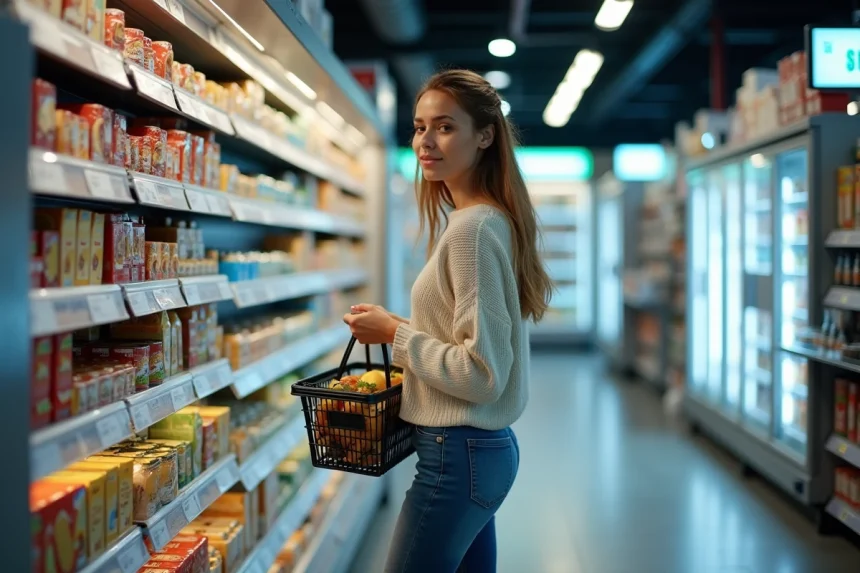 Femme faisant ses courses de dernière minute dans un magasin ouvert le soir à Montpellier
