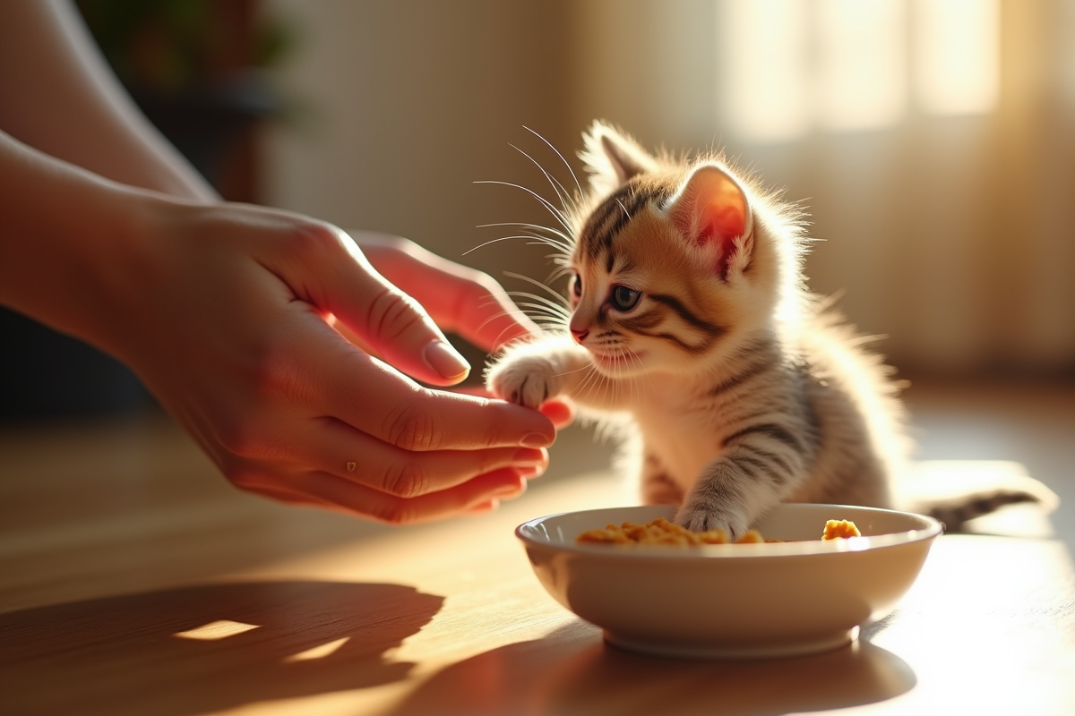 Main humaine offrant de la nourriture à un chaton au sol en bois