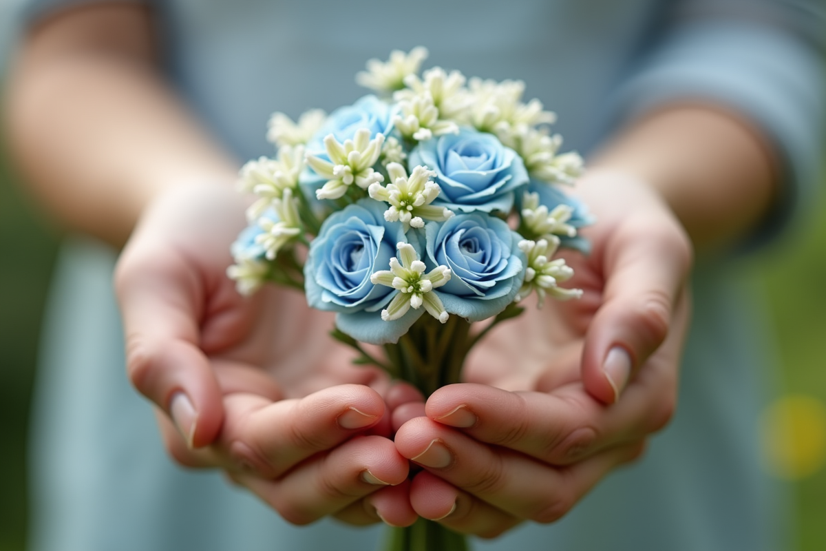 Deux mains tenant un petit bouquet de fleurs blanches et bleues pour anniversaire