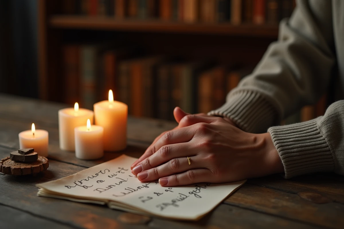 Gros plan de deux mains enlacées près de bougies et du chiffre 22h22 manuscrit, évoquant l'union spirituelle de la flamme jumelle