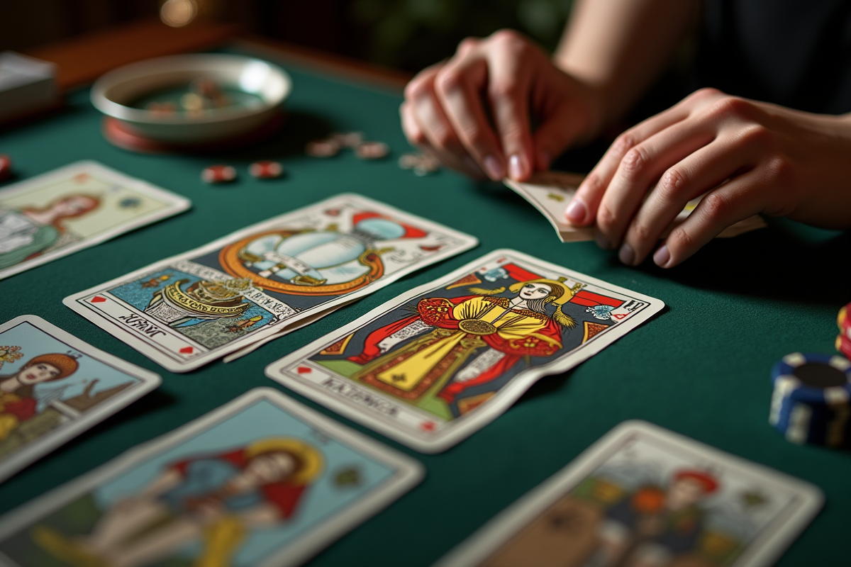 Mains distribuant des cartes de tarot et des pièces de crapette