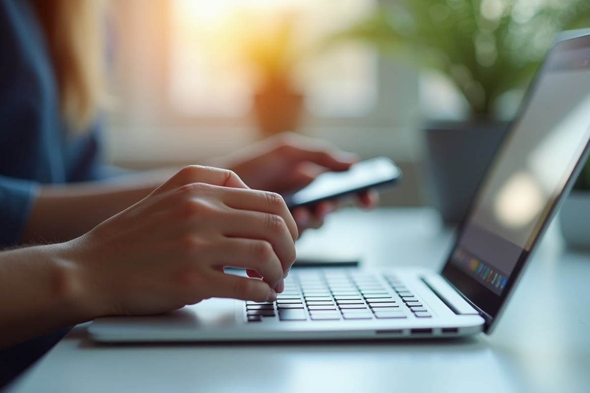Mains utilisant un smartphone et un ordinateur portable sur un bureau lumineux