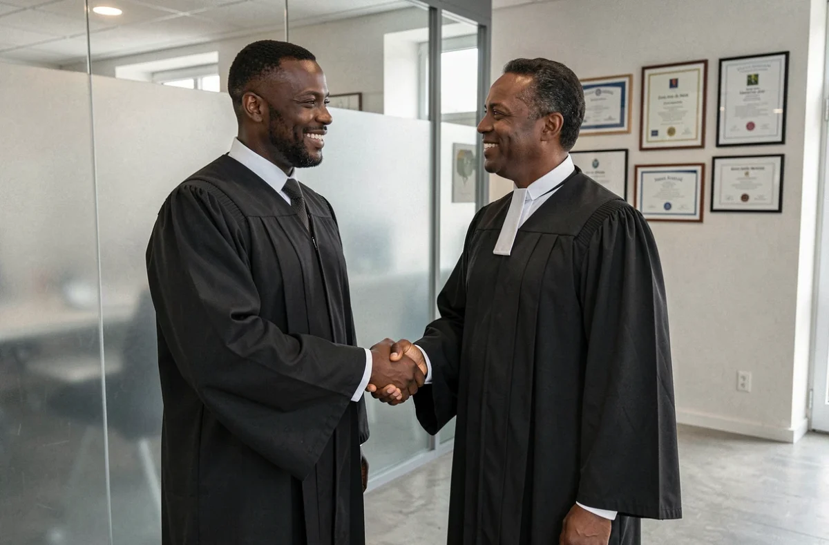 Avocat en robe accueillant un client dans la réception d'un cabinet d'avocats à Metz