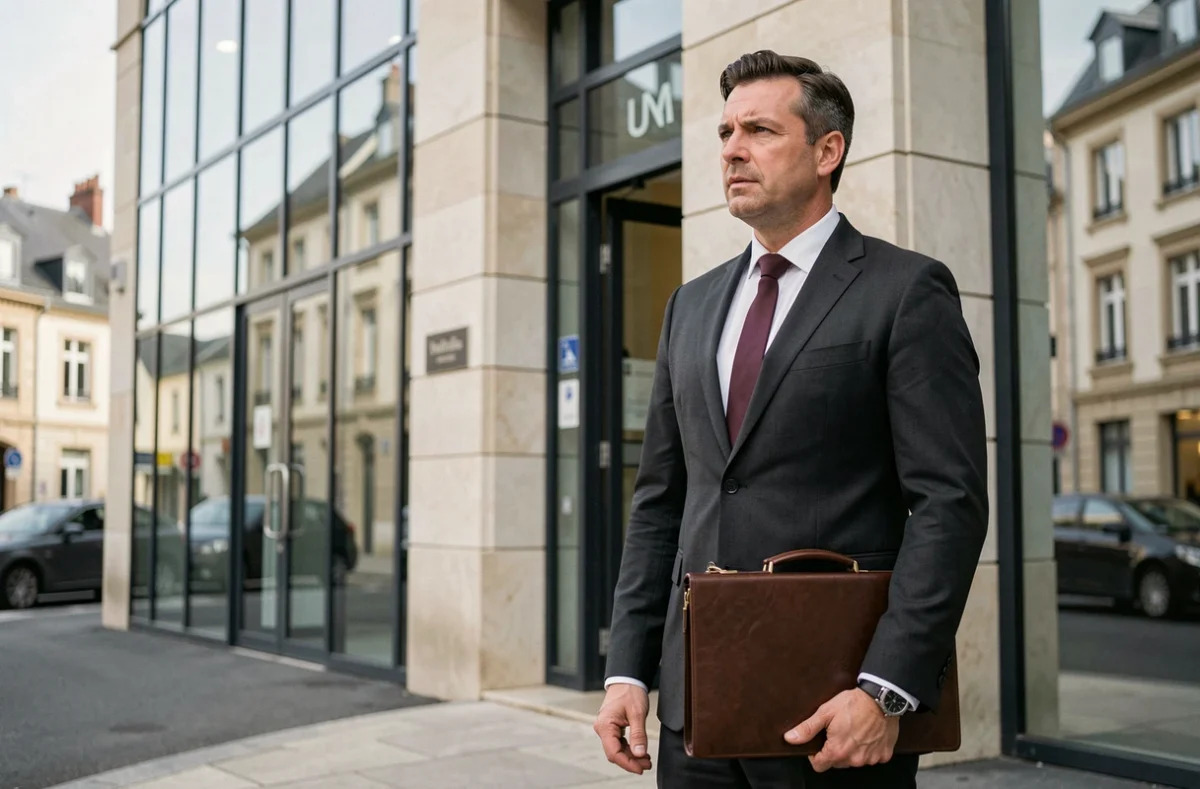 Avocat en costume sombre devant son cabinet à Thionville, mallette à la main