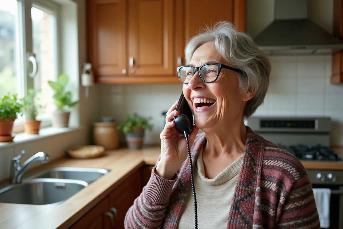 Mère âgée riant en tenant un téléphone dans la cuisine ensoleillée