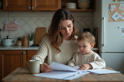 Maman et son enfant regardent des papiers dans la cuisine chaleureuse