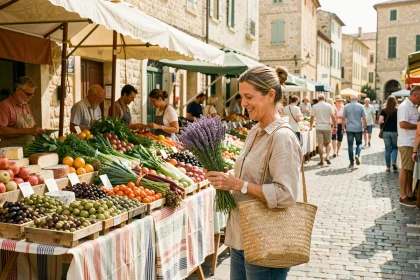Marché d'Aix-en-Provence avec étals de légumes frais, olives et fromages artisanaux sur une place en pavés