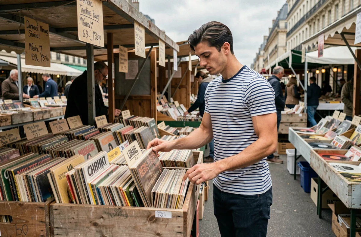 Jeune homme feuilletant des disques vinyles des années 60 dans un marché aux puces parisien en plein air, ambiance vintage et nostalgique