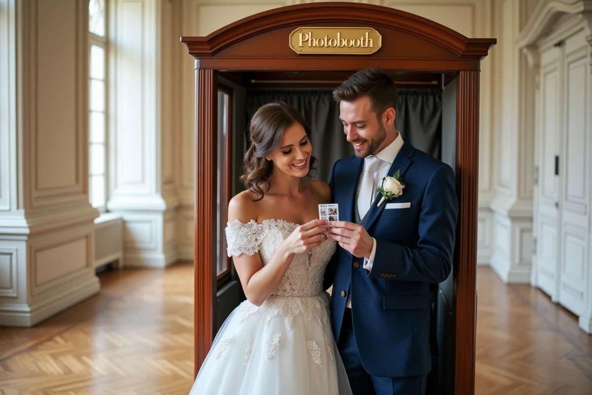 Mariés tenant un bandeau de photos sorti d'une borne photomaton vintage dans un château lors de leur mariage