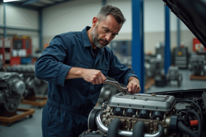 Mécanicien homme en combinaison travaillant sur un moteur de voiture